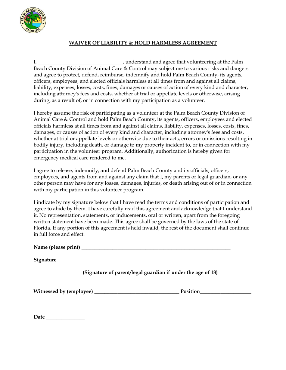 Waiver of Liability  Hold Harmless Agreement - Palm Beach County, Florida, Page 1