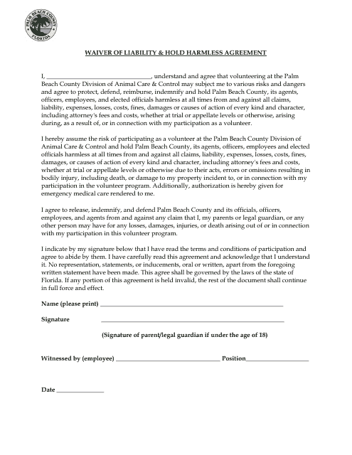 Waiver of Liability & Hold Harmless Agreement - Palm Beach County, Florida Download Pdf