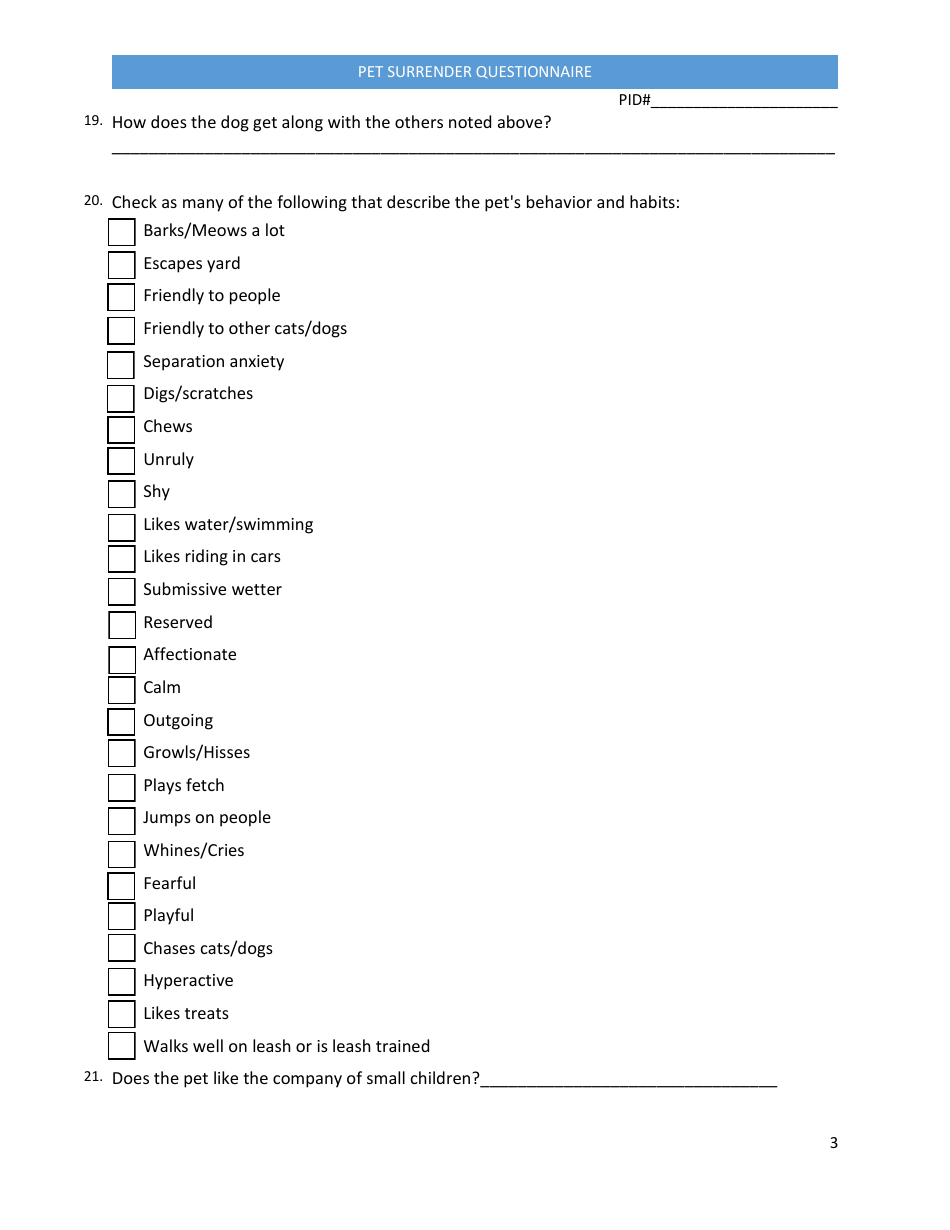 Pet Surrender Questionnaire - Palm Beach County, Florida, Page 3