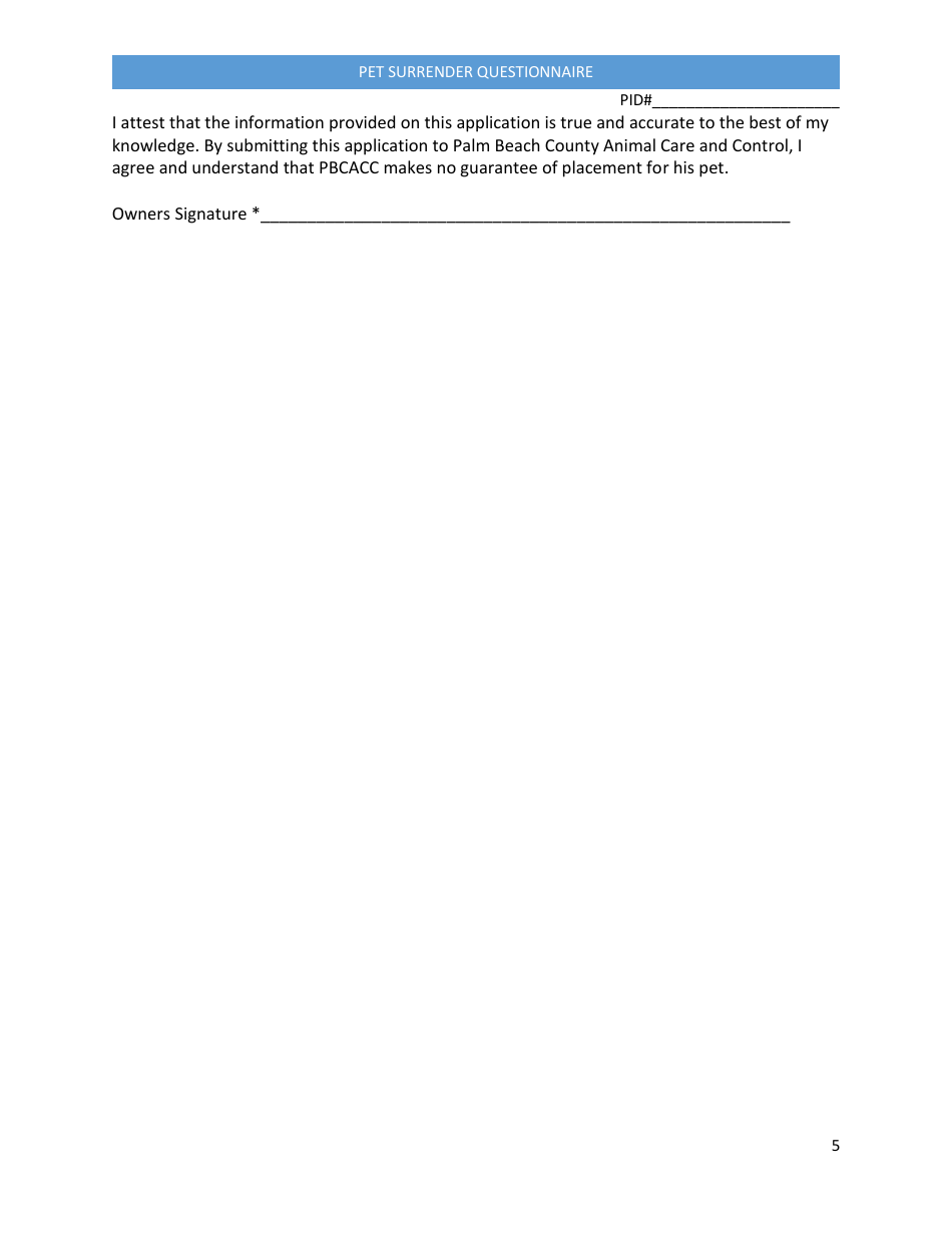 Pet Surrender Questionnaire - Palm Beach County, Florida, Page 5