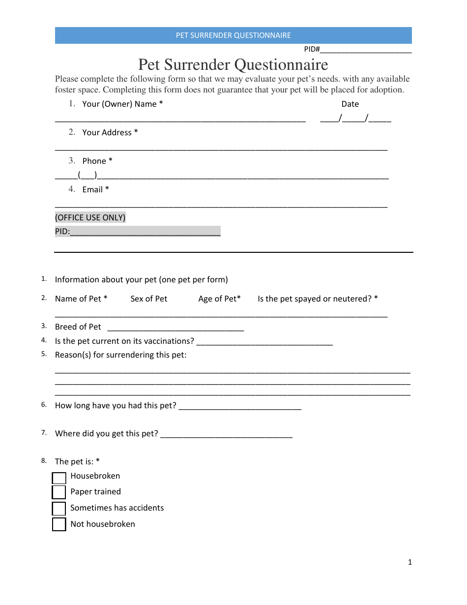Palm Beach County, Florida Pet Surrender Questionnaire Fill Out, Sign