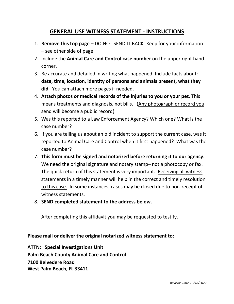 Palm Beach County, Florida Notarized Witness Statement Fill Out, Sign