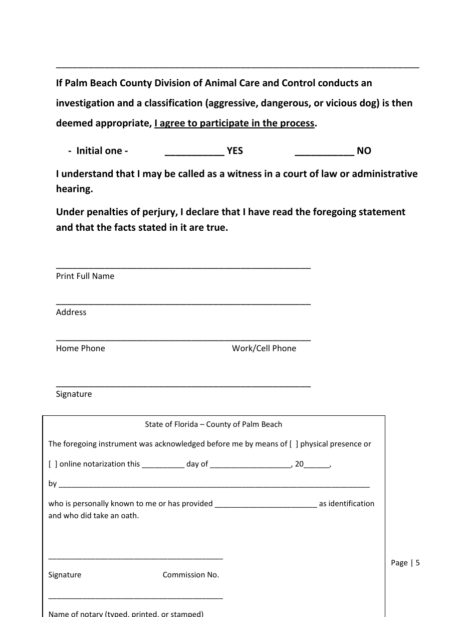 Palm Beach County, Florida Notarized Witness Statement - Fill Out, Sign ...