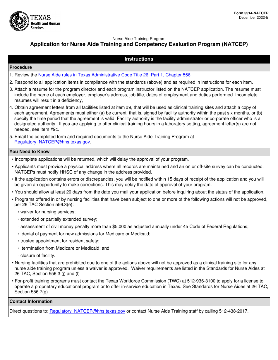 Form 5514-NATCEP Application for Nurse Aide Training and Competency Evaluation Program (Natcep) - Nurse Aide Training Program - Texas, Page 1
