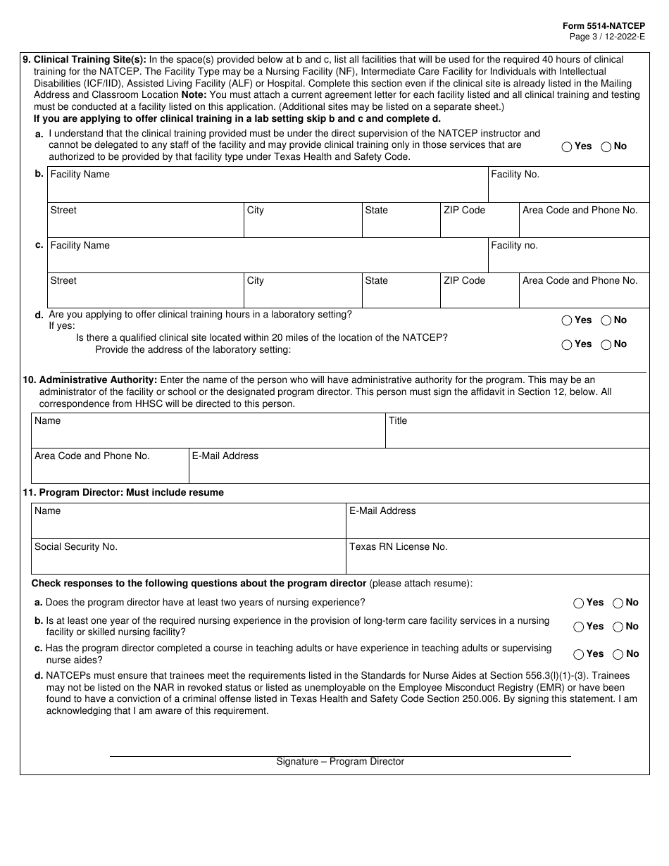 Form 5514-NATCEP Application for Nurse Aide Training and Competency Evaluation Program (Natcep) - Nurse Aide Training Program - Texas, Page 3