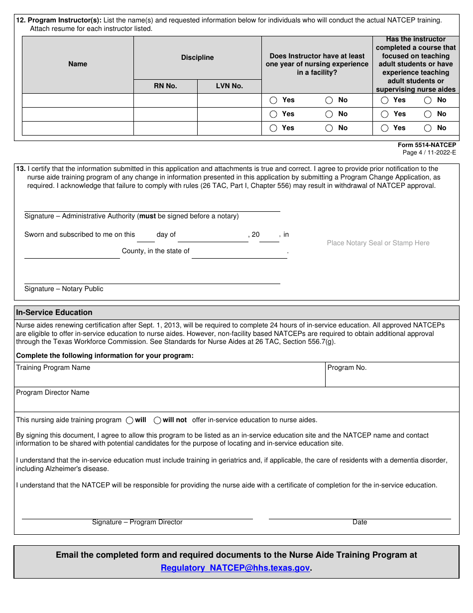 Form 5514-NATCEP Application for Nurse Aide Training and Competency Evaluation Program (Natcep) - Nurse Aide Training Program - Texas, Page 4