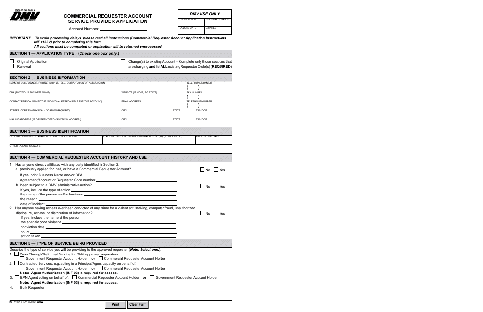 Form INF1106V Commercial Requester Account Service Provider Application - California