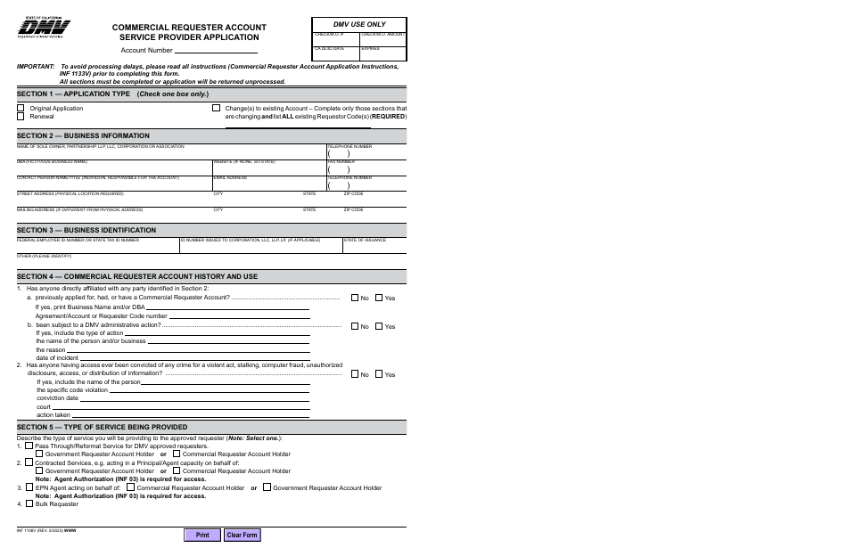 Form INF1106V Commercial Requester Account Service Provider Application - California, Page 1