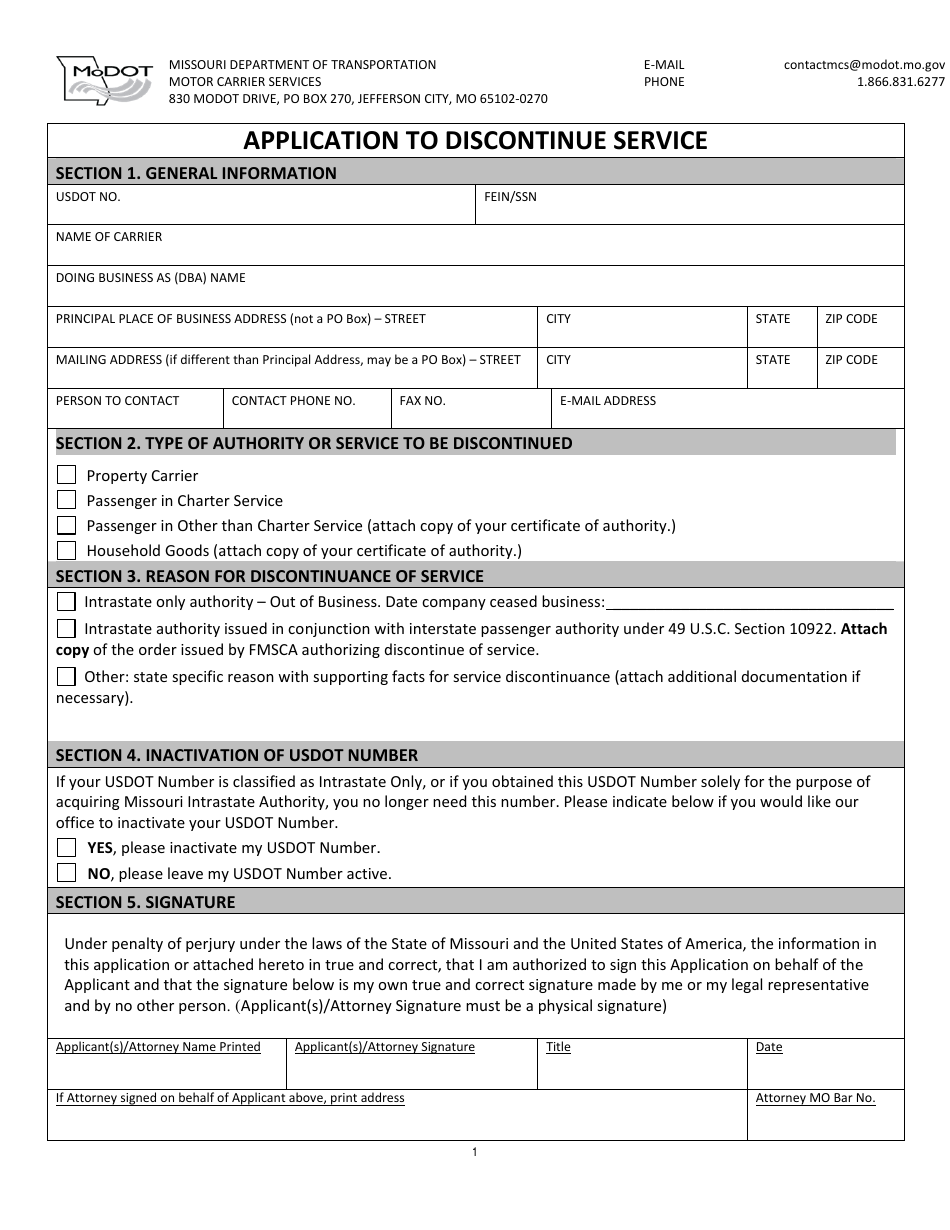 Application to Discontinue Service - Missouri, Page 1