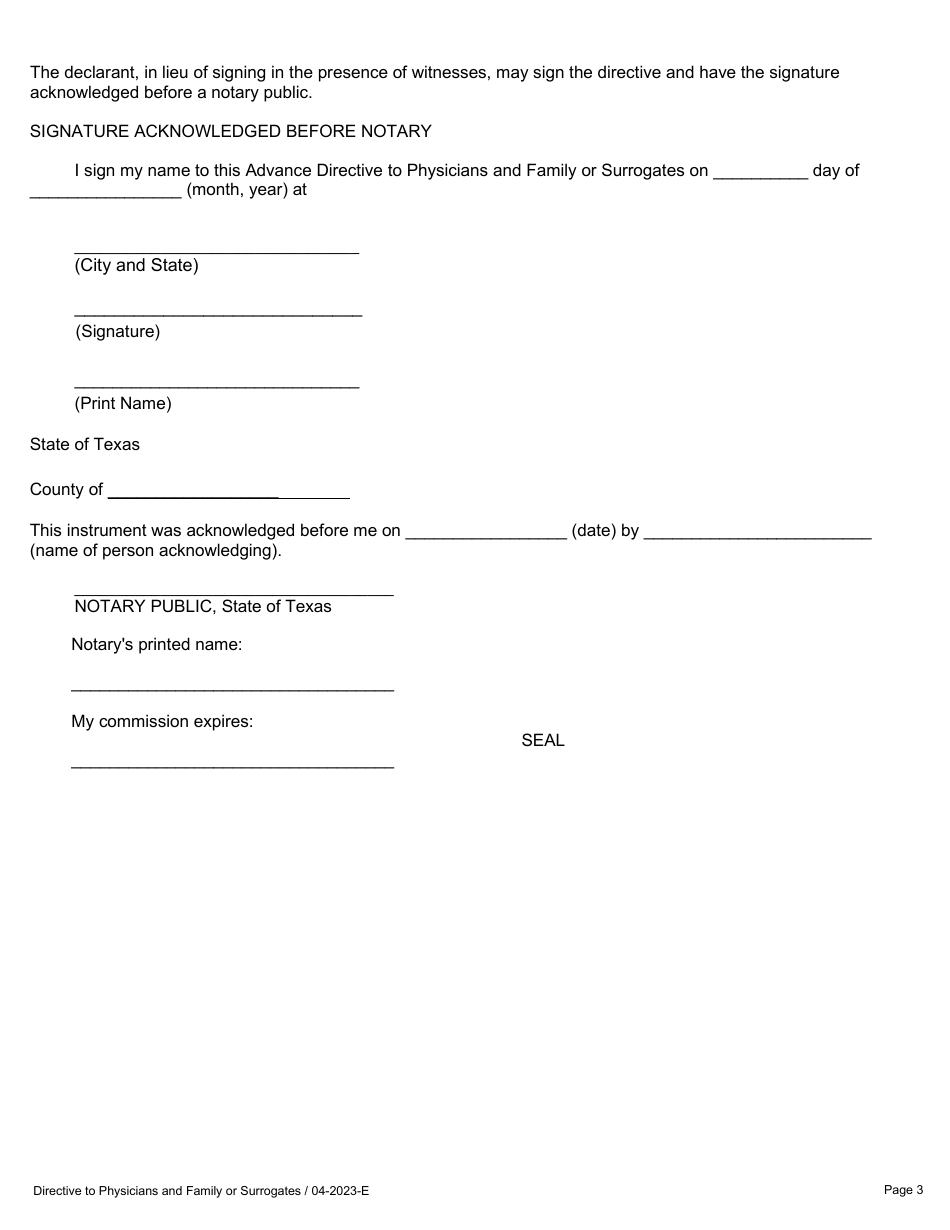 Directive to Physicians and Family or Surrogates - Texas, Page 3