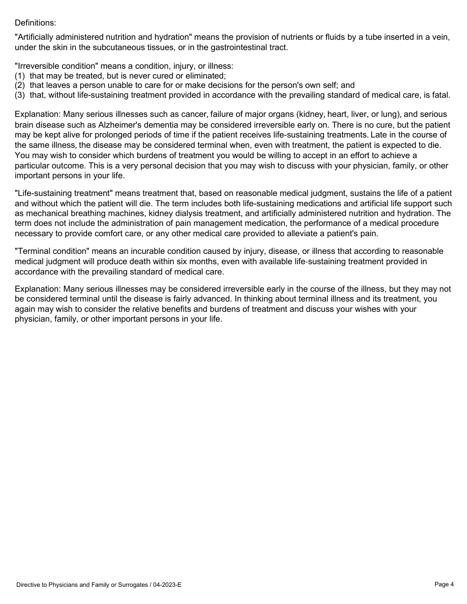 Directive to Physicians and Family or Surrogates - Texas, Page 4