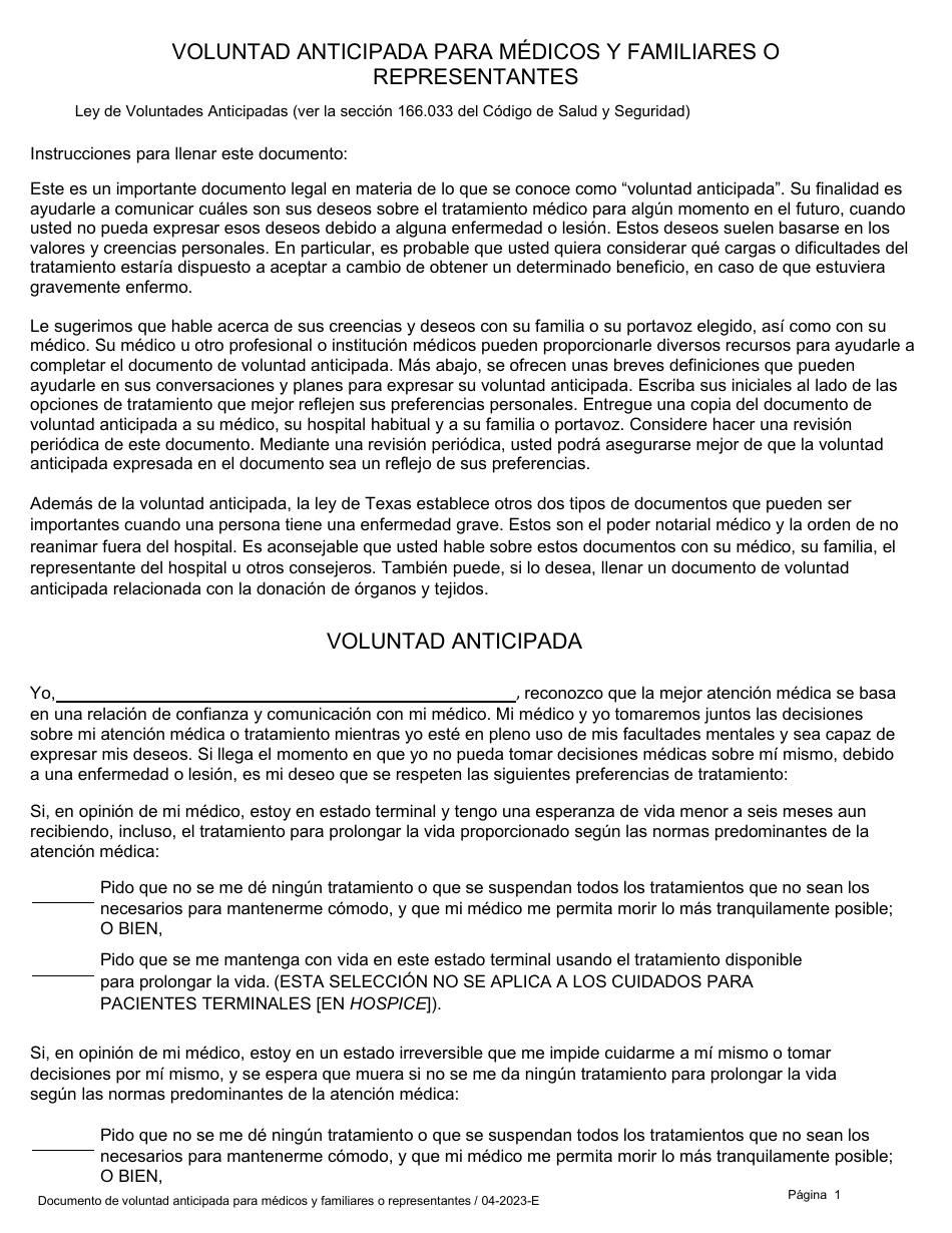 Voluntad Anticipada Para Medicos Y Familiares O Representantes - Texas (Spanish), Page 1