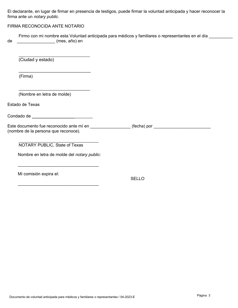 Voluntad Anticipada Para Medicos Y Familiares O Representantes - Texas (Spanish), Page 3