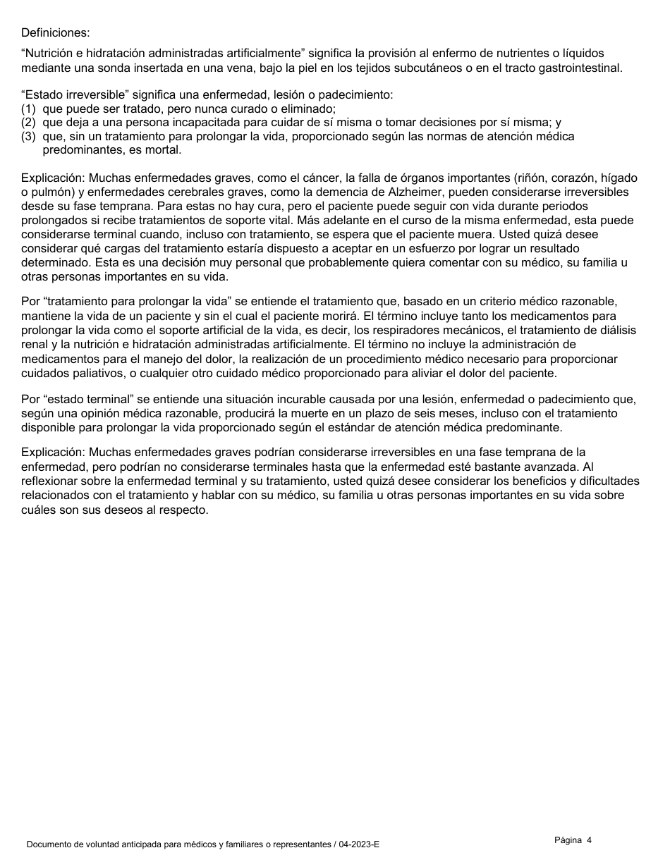 Voluntad Anticipada Para Medicos Y Familiares O Representantes - Texas (Spanish), Page 4