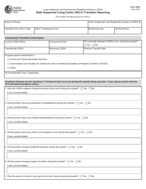 Form 1055 State Supported Living Center (Sslc) Transition Reporting - Texas
