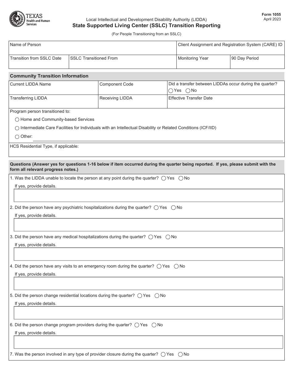 Form 1055 State Supported Living Center (Sslc) Transition Reporting - Texas, Page 1