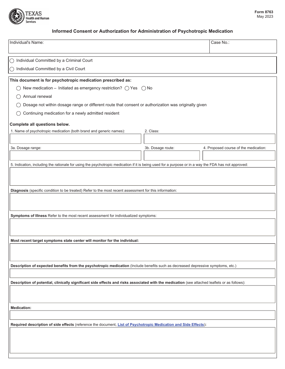 Form 8763 Informed Consent or Authorization for Administration of Psychotropic Medication - Texas, Page 1