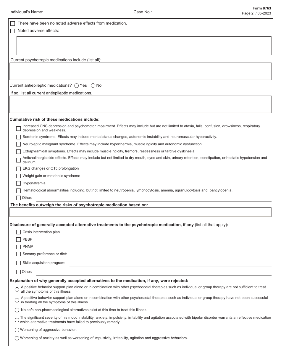 Form 8763 Informed Consent or Authorization for Administration of Psychotropic Medication - Texas, Page 2