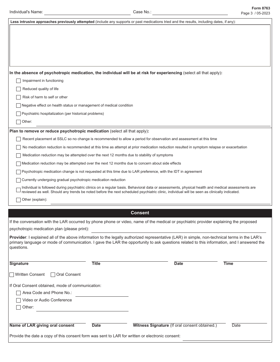 Form 8763 Informed Consent or Authorization for Administration of Psychotropic Medication - Texas, Page 3