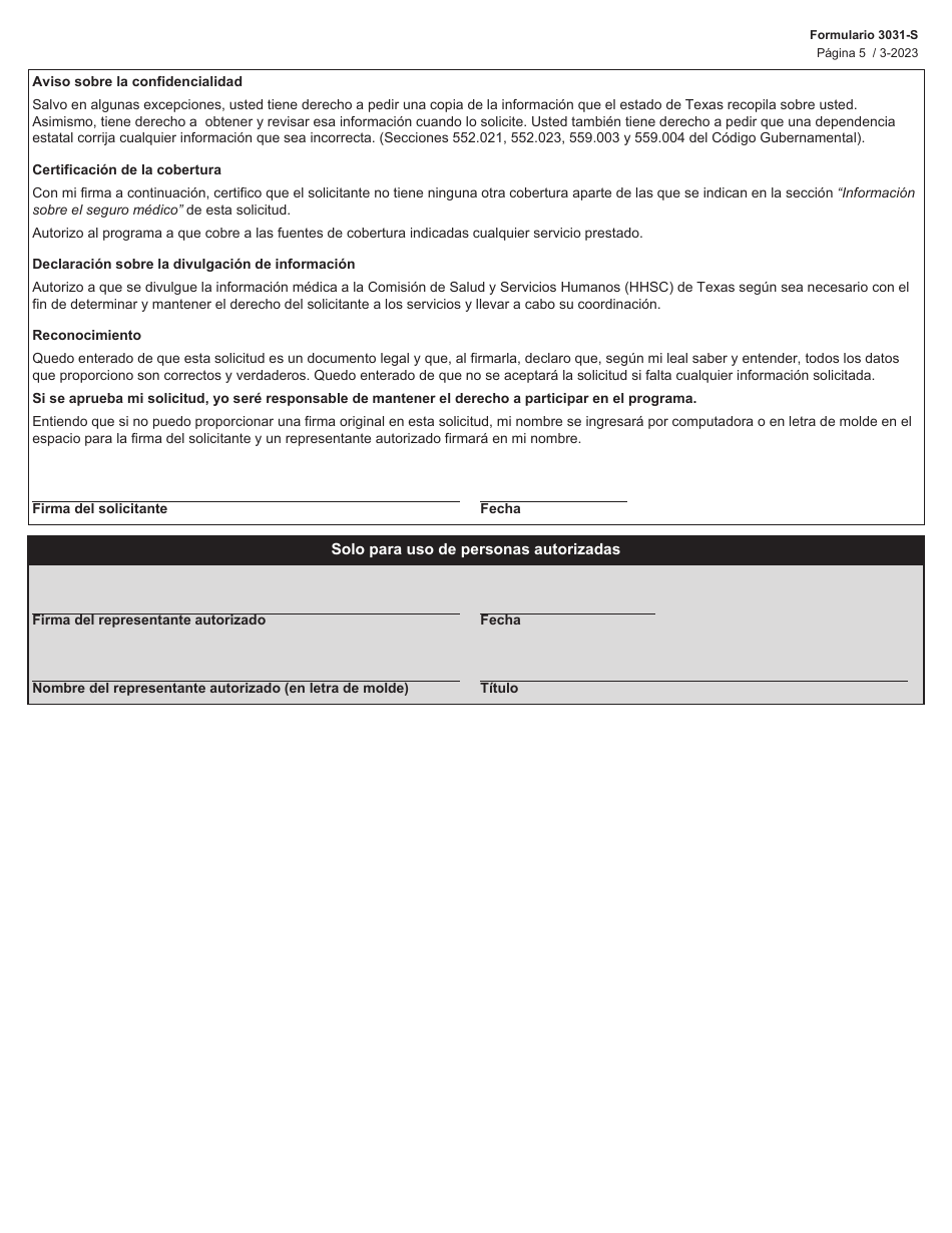 Formulario 3031-S Solicitud De Beneficios Del Programa Para Ninos Con Necesidades Medicas Especiales (Cshcn) - Texas (Spanish), Page 5