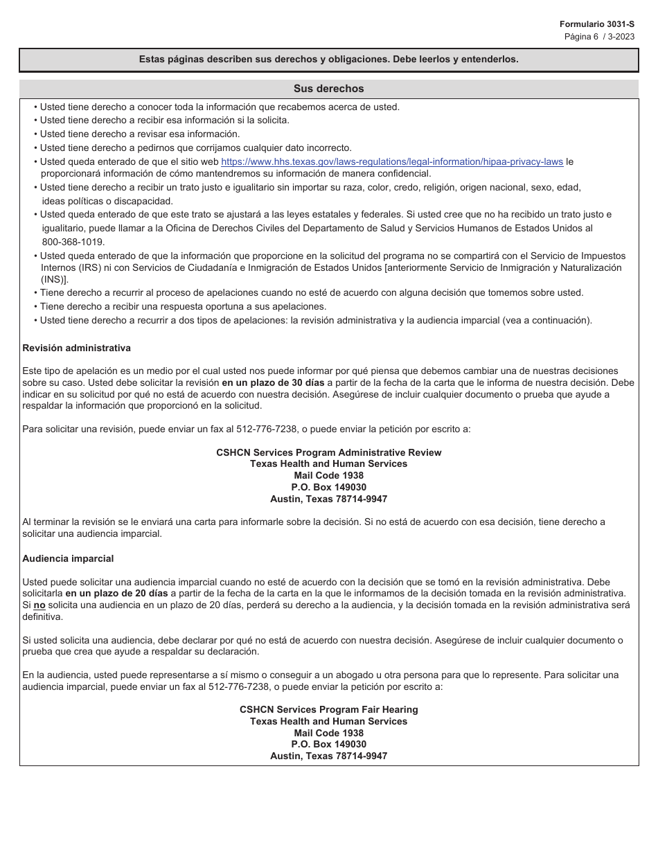 Formulario 3031-S Solicitud De Beneficios Del Programa Para Ninos Con Necesidades Medicas Especiales (Cshcn) - Texas (Spanish), Page 6