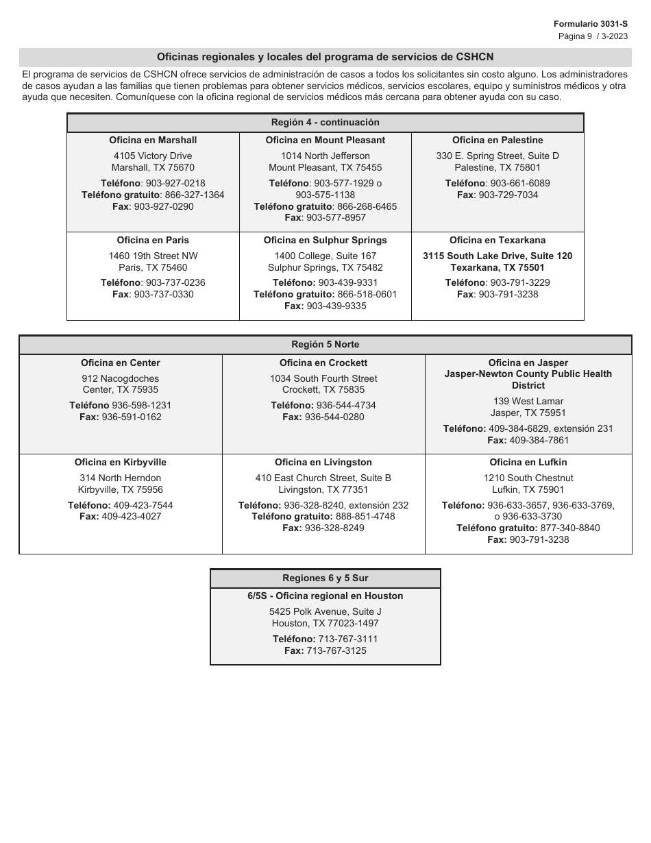 Formulario 3031-S Solicitud De Beneficios Del Programa Para Ninos Con Necesidades Medicas Especiales (Cshcn) - Texas (Spanish), Page 9
