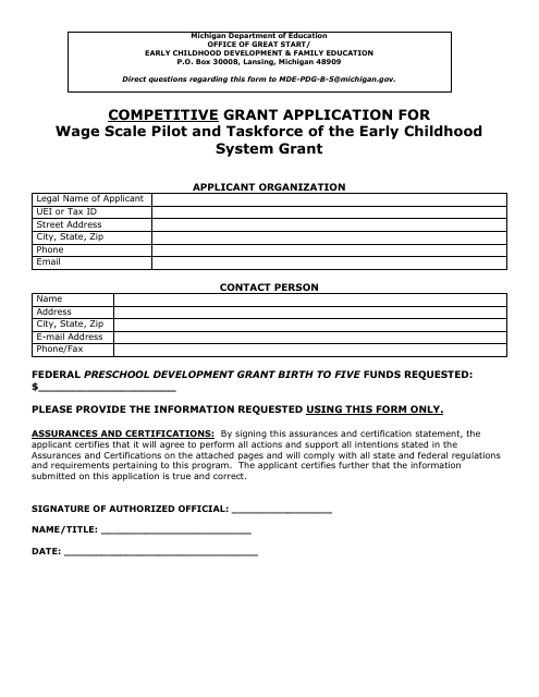 Competitive Grant Application for Wage Scale Pilot and Taskforce of the Early Childhood System Grant - Michigan Download Pdf