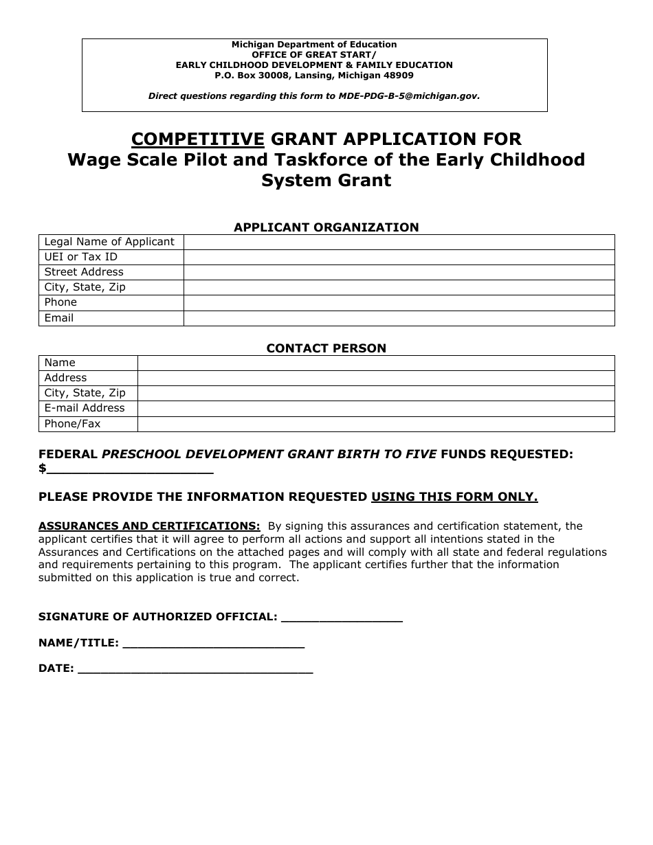 Competitive Grant Application for Wage Scale Pilot and Taskforce of the Early Childhood System Grant - Michigan, Page 1
