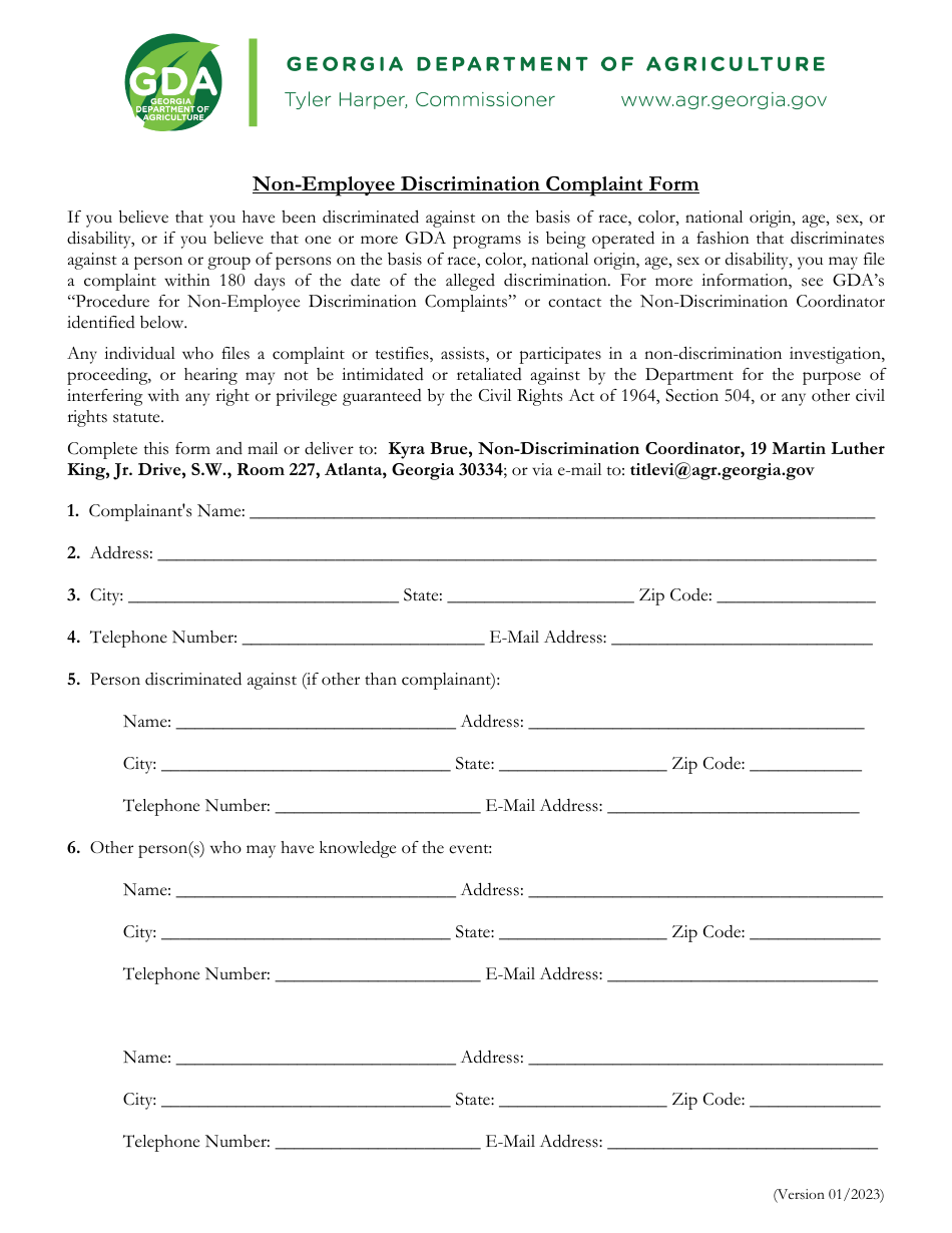 Non-employee Discrimination Complaint Form - Georgia (United States), Page 1