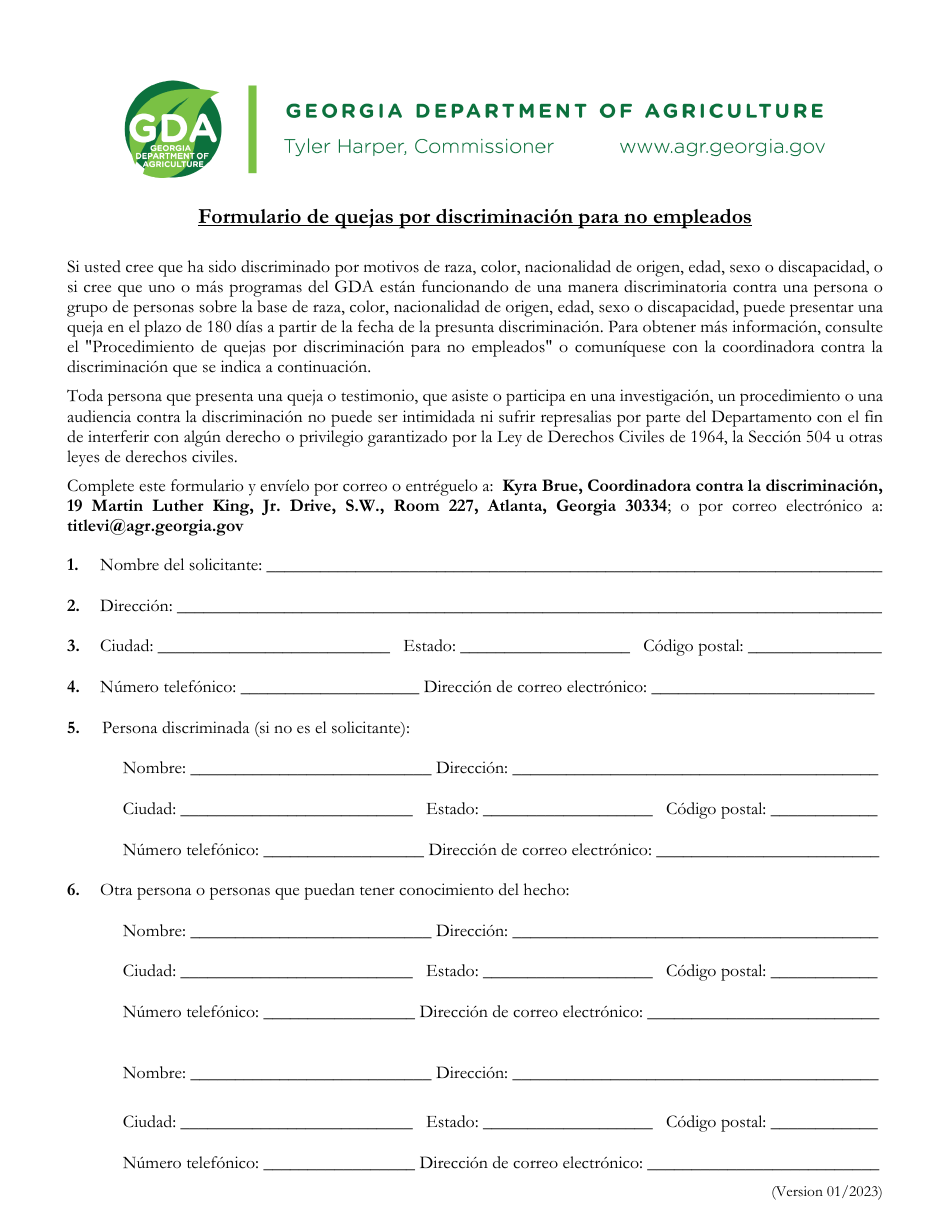 Formulario De Quejas Por Discriminacion Para No Empleados - Georgia (United States) (Spanish), Page 1