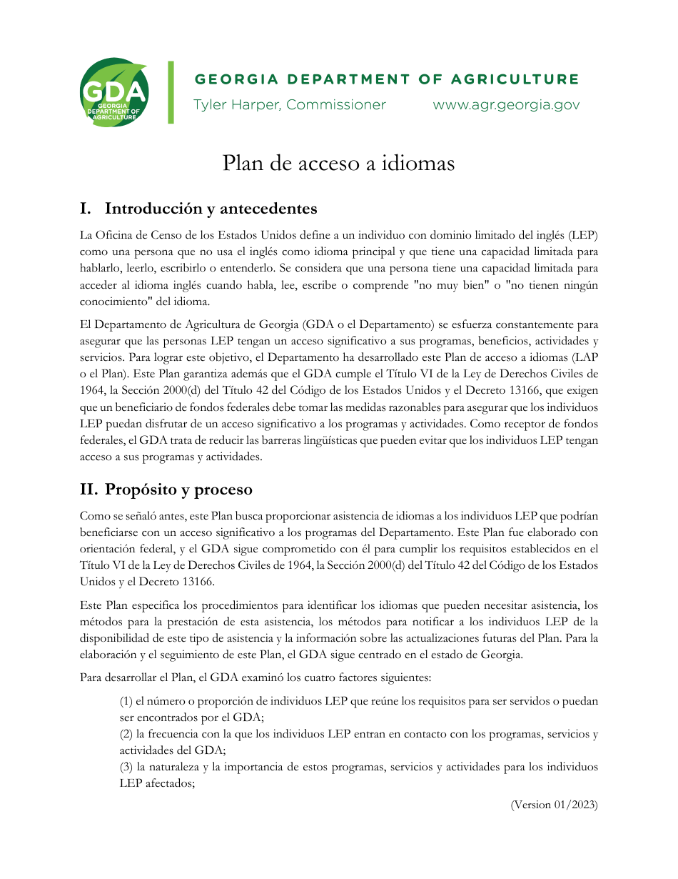 Plan De Acceso a Idiomas - Georgia (United States) (Spanish), Page 1