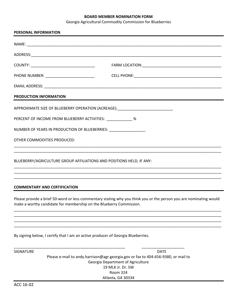 Form ACC16-02 Board Member Nomination Form - Blueberry - Georgia (United States), Page 1