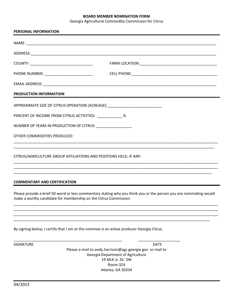 Board Member Nomination Form - Citrus - Georgia (United States), Page 1