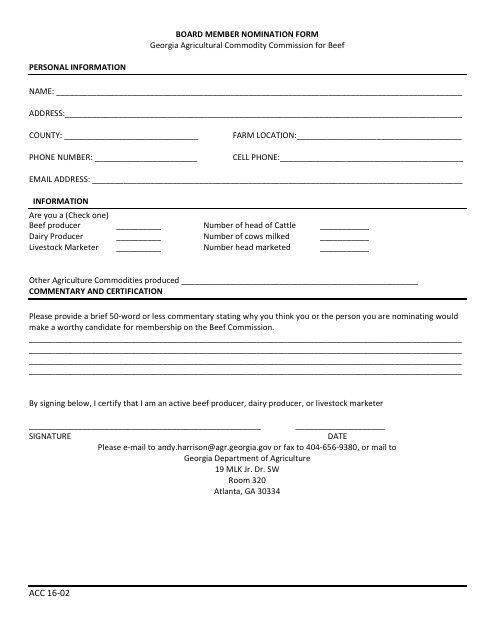 Form ACC16-02 Board Member Nomination Form - Beef - Georgia (United States)