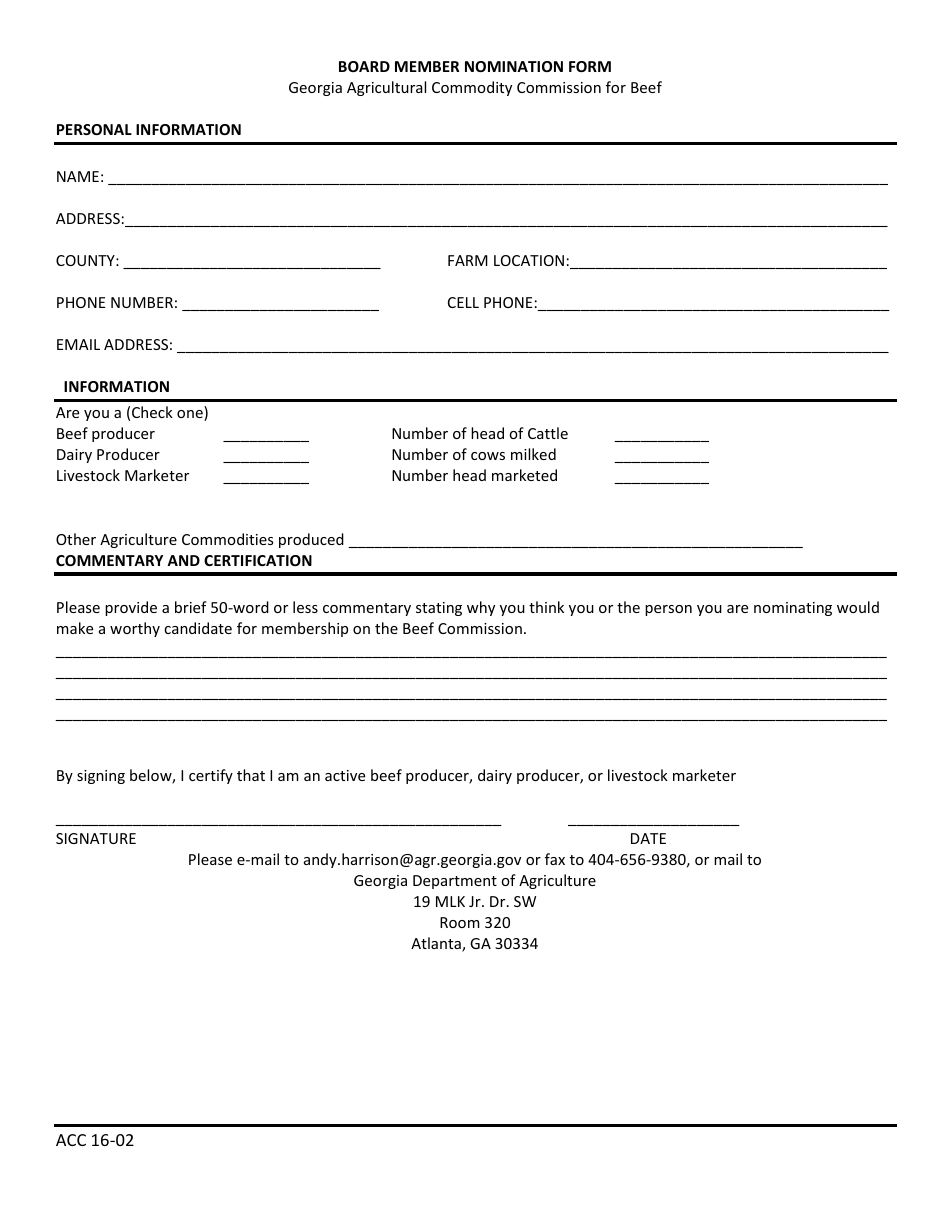 Form ACC16-02 Board Member Nomination Form - Beef - Georgia (United States), Page 1
