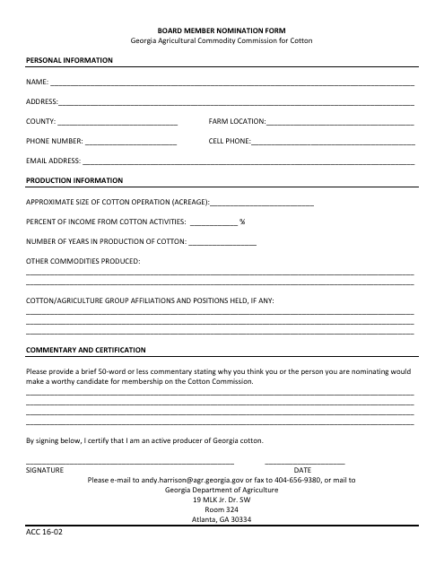 Form ACC16-02 Board Member Nomination Form - Cotton - Georgia (United States)