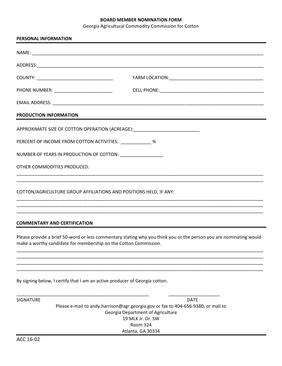 Form ACC16-02 Board Member Nomination Form - Cotton - Georgia (United States), Page 1