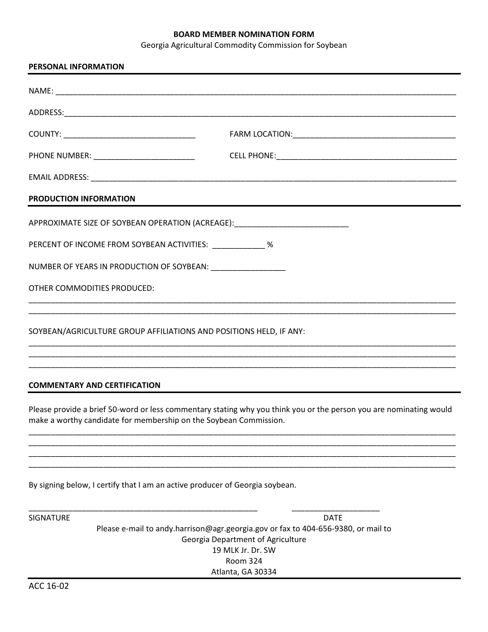 Form ACC16-02 Board Member Nomination Form - Soybean - Georgia (United States), Page 1