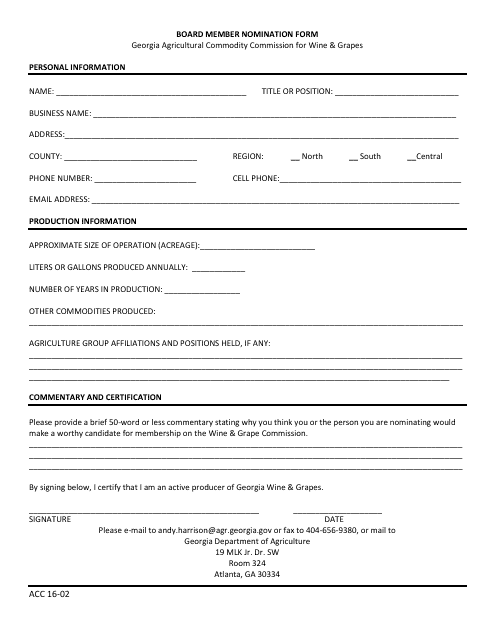 Form ACC16-02 Board Member Nomination Form - Wine & Grape - Georgia (United States)