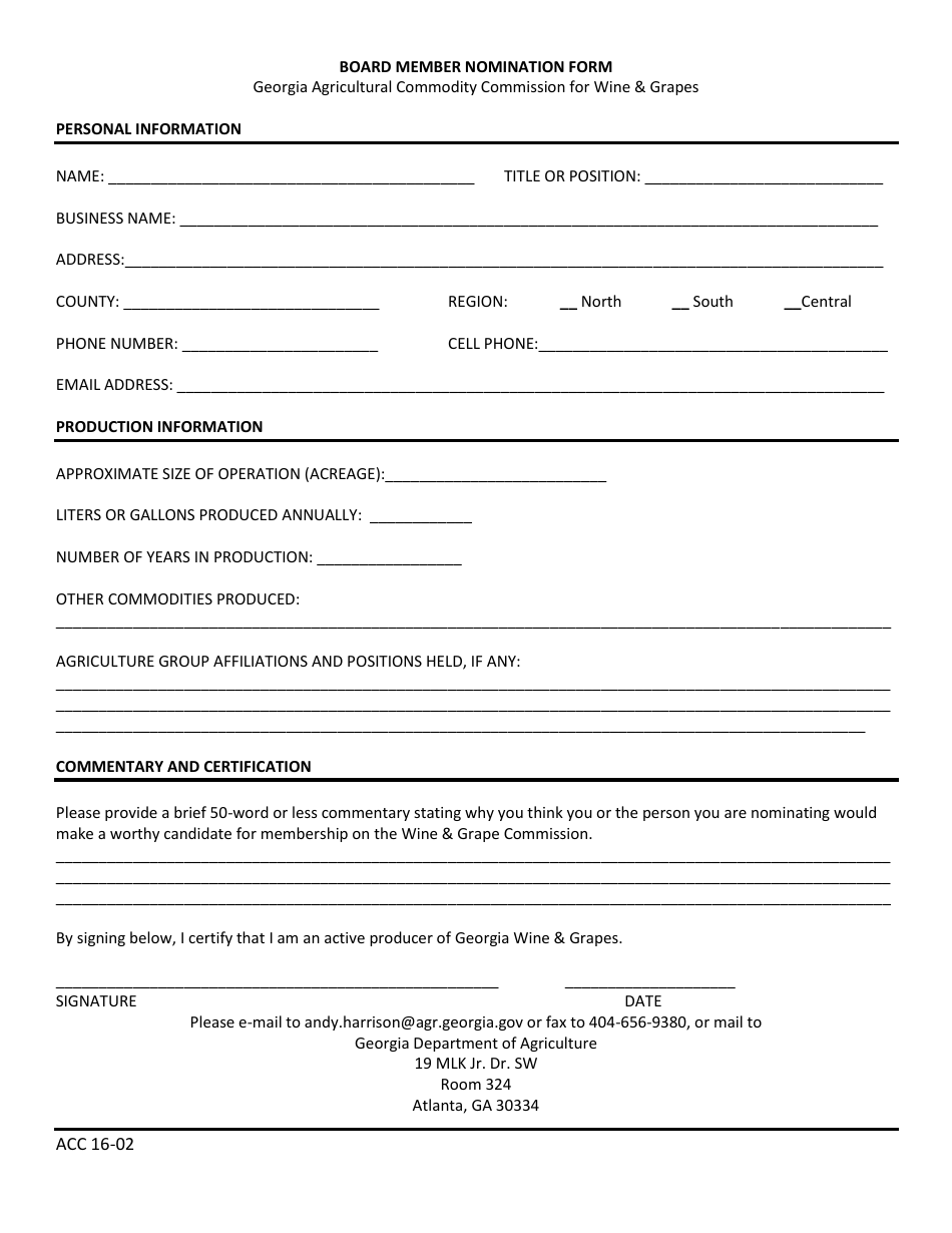 Form ACC16-02 Board Member Nomination Form - Wine  Grape - Georgia (United States), Page 1