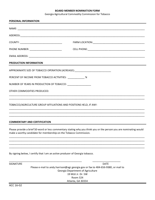 Form ACC16-02 Board Member Nomination Form - Tobacco - Georgia (United States)