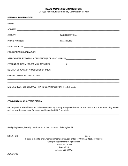 Form ACC16-02 Board Member Nomination Form - Milk - Georgia (United States)