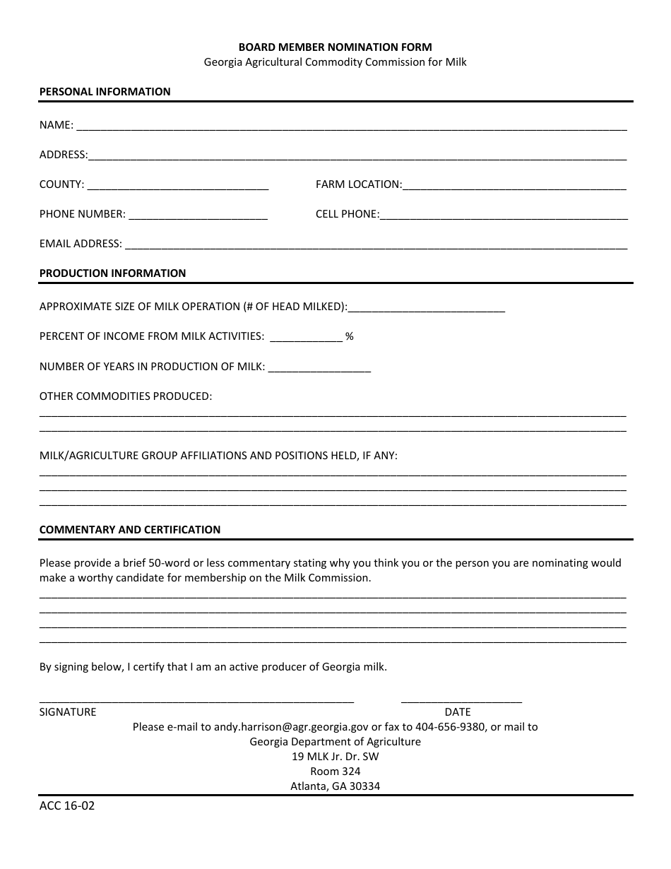 Form ACC16-02 Board Member Nomination Form - Milk - Georgia (United States), Page 1