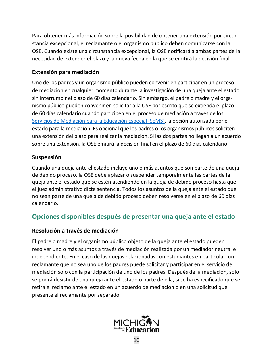 Quejas Ante El Estado Sobre Educacion Especial: Procedimientos Y Formularios Modelo - Michigan (Spanish), Page 10