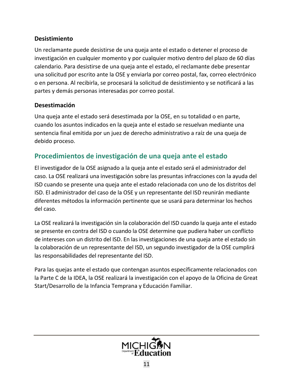 Quejas Ante El Estado Sobre Educacion Especial: Procedimientos Y Formularios Modelo - Michigan (Spanish), Page 11