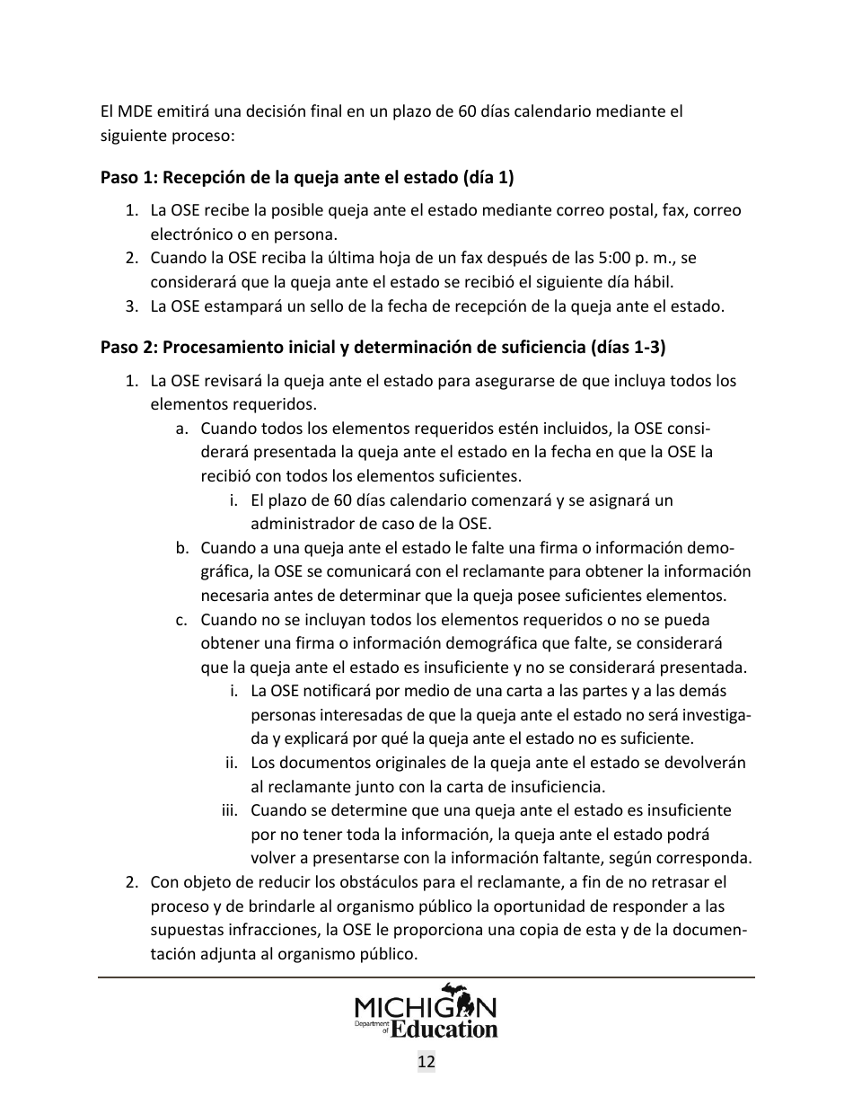 Quejas Ante El Estado Sobre Educacion Especial: Procedimientos Y Formularios Modelo - Michigan (Spanish), Page 12