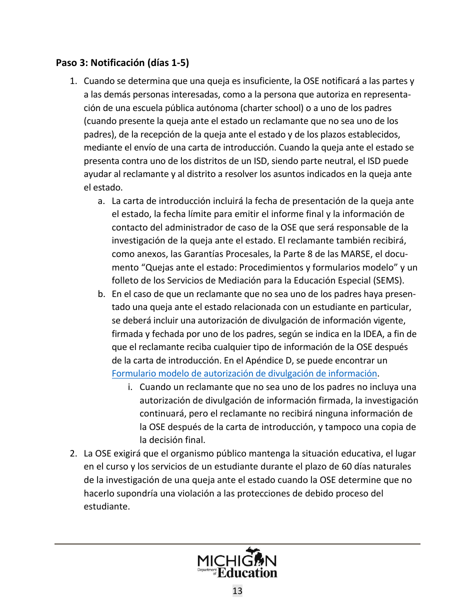 Quejas Ante El Estado Sobre Educacion Especial: Procedimientos Y Formularios Modelo - Michigan (Spanish), Page 13