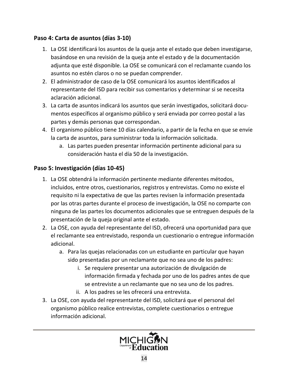 Quejas Ante El Estado Sobre Educacion Especial: Procedimientos Y Formularios Modelo - Michigan (Spanish), Page 14