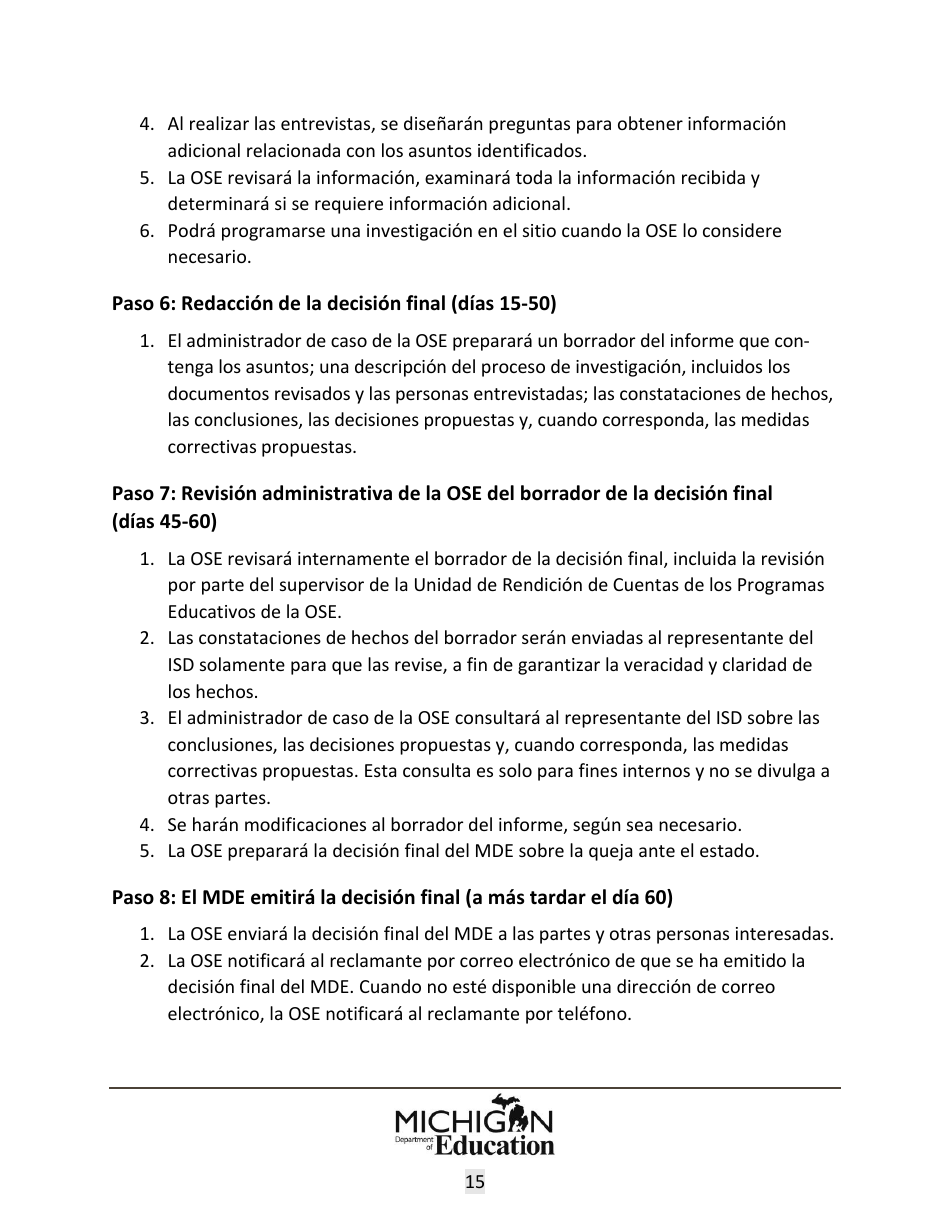 Quejas Ante El Estado Sobre Educacion Especial: Procedimientos Y Formularios Modelo - Michigan (Spanish), Page 15