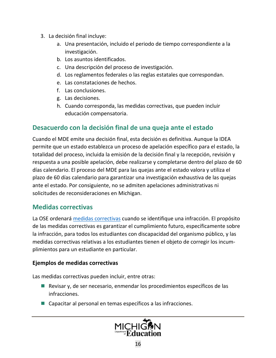 Quejas Ante El Estado Sobre Educacion Especial: Procedimientos Y Formularios Modelo - Michigan (Spanish), Page 16